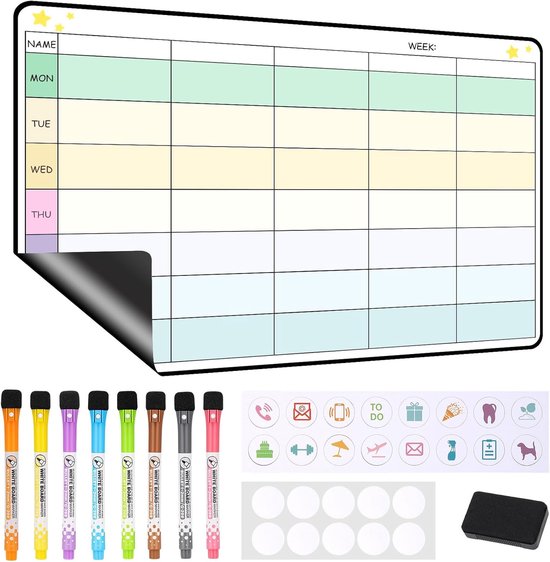 Nordivar - A3 Magnetisch Whiteboard met Markers en Spons - Maandplanner voor Aan de