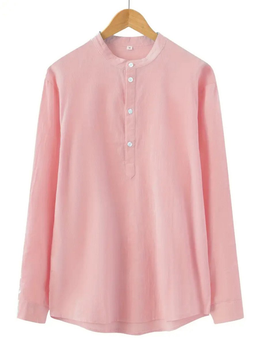 Nivard Linnen Blouse Heren t shirt Polo Overhemd Shirt Zomer Ibiza Stijl Roze