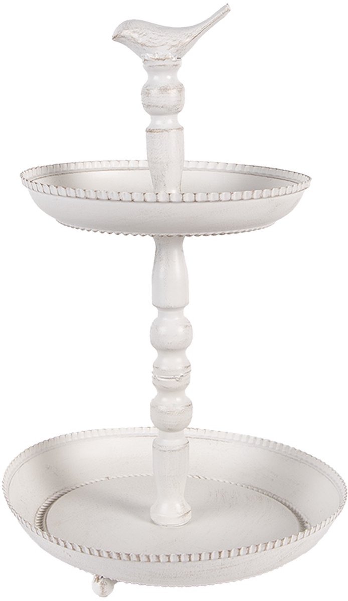 Clayre & Eef Etagère 2 laags Ø 27x41 cm Wit Metaal Vogel