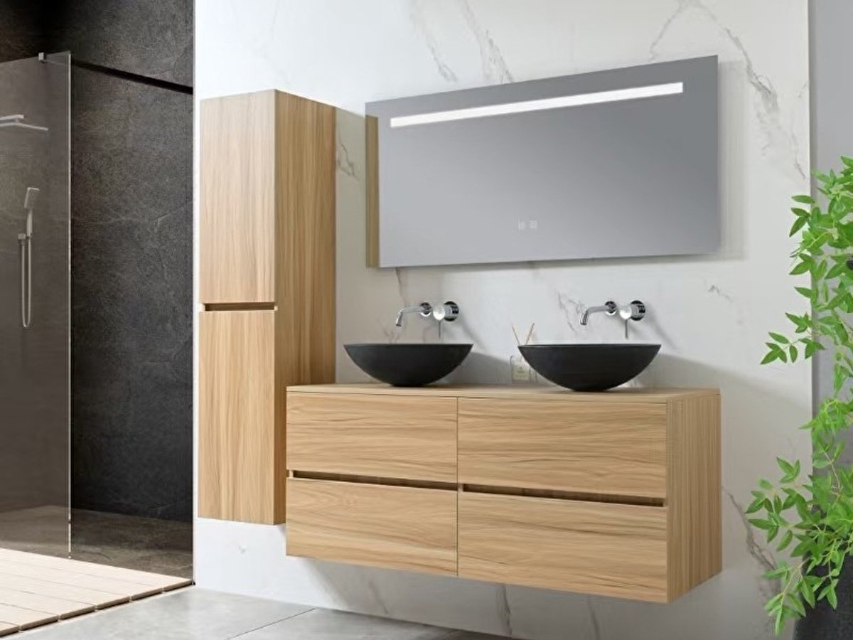 Haviklux Badkamermeubelset 130 cm - Tweepersoons - Zwarte waskommen - Licht hout decor - Incl. kranen