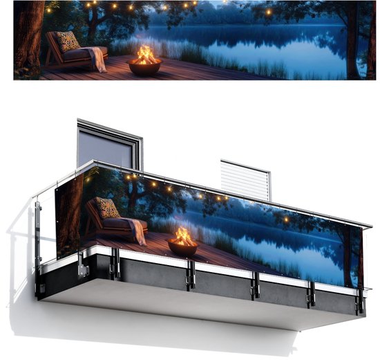 Balkonscherm 500x110 cm - Balkonposter Kampvuur - Meer - Avondlicht - Balkon scherm decoratie - Balkonschermen - Balkondoek zonnescherm