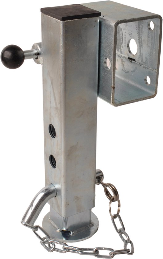 Zilverkleurige steunpoot met zwarte knop, ketting en metalen vierkante houder.