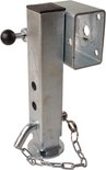 Zilverkleurige steunpoot met zwarte knop, ketting en metalen vierkante houder.