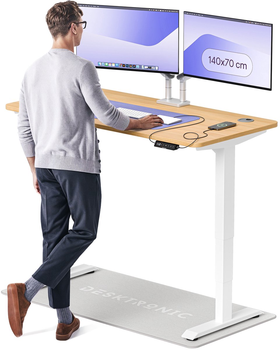 Desktronic HomePro Zit-sta Bureau Elektrisch In Hoogte Verstelbaar, 140x70cm Wit/Eiken, Stille Dubbele Motor, Hoogte 62-126cm