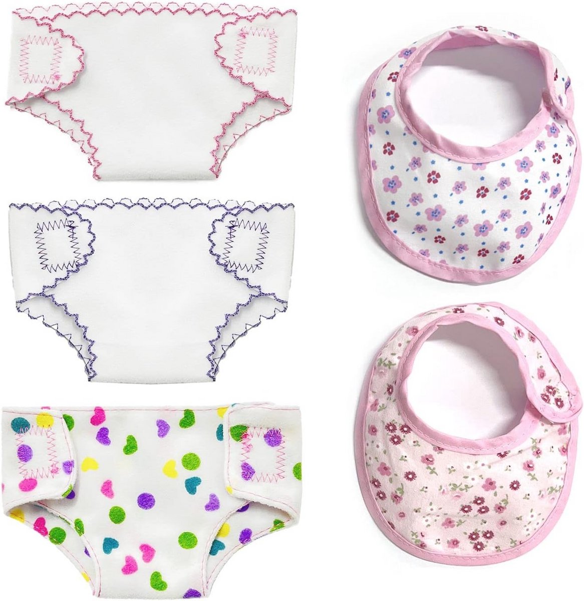 Image of 5-delige set poppenaccessoires met luiers en slabbetjes voor poppen van 30 tot 40 cm