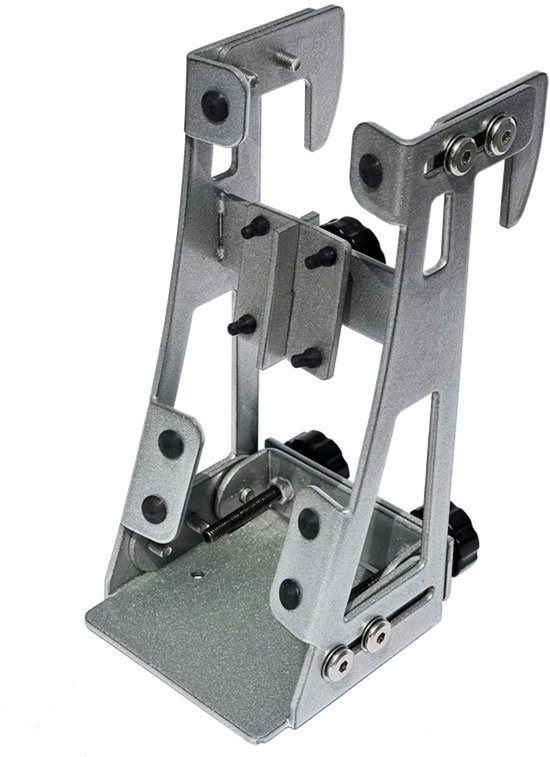 Zilverkleurig metalen relinghoudersysteem met verstelbare klemmen en knoppen.