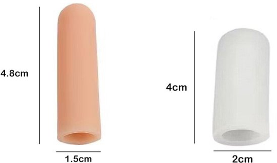 Twee vingerbeschermers, één lichtroze van 4,8x1,5cm en één wit van 4x2cm.