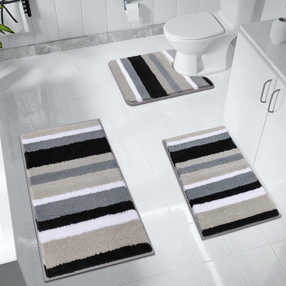 Zachte 3-delige badkamermatsets met waterabsorberende badmatten en toiletmatsets - Antislip en machinewasbaar - Zwart