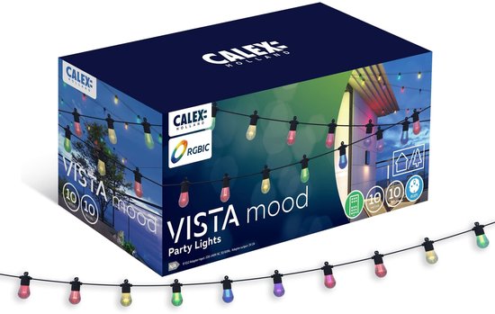 Calex Vista Lichtsnoer 10m - Voor Buiten - Lichtslinger met 10 lampjes - Warm Wit en gekleurd licht - Tuinverlichting - Uitbreidbaar - Koppelbaar