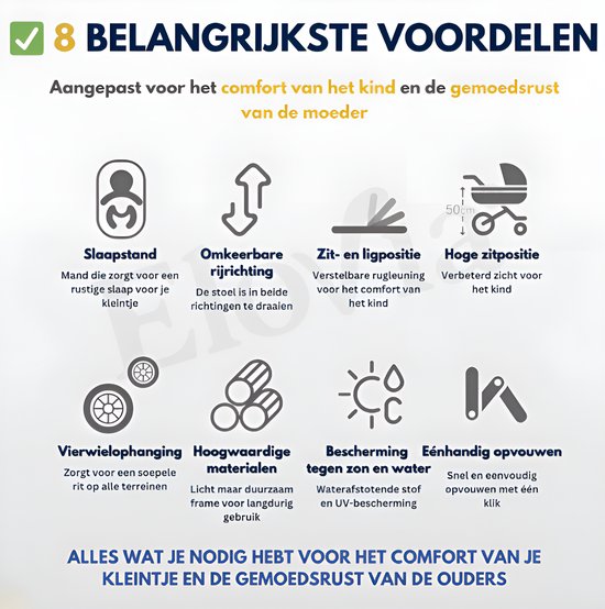 8 voordelen van de kinderwagen: slaapstand, omkeerbare rijrichting, zit- en ligpositie, hoge zitpositie, vierwielophanging, hoogwaardige materialen, bescherming tegen zon en water, éénhandig opvouwen.