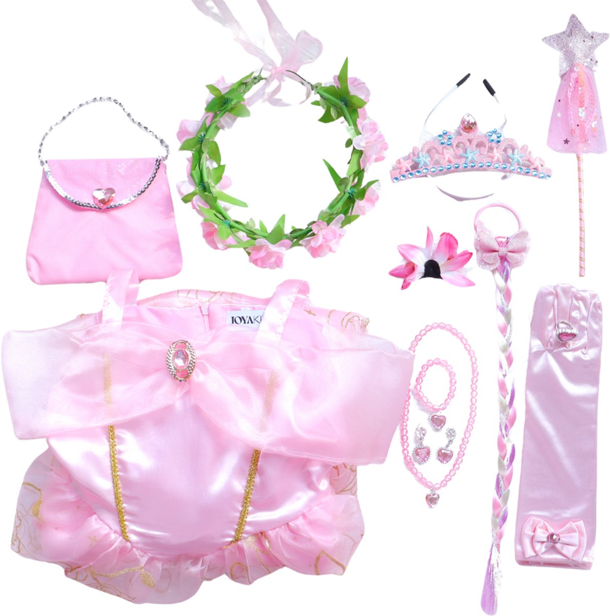 Joya Kids® Luxe Prinsessenjurk Lichtroze voor kinderen | Jurk met Glans & Tule | 11-delige Verkleedset met Accessoires | Verkleedjurk Meisje Tule Rok | Halloween kostuum | Carnaval kleding | Prinses kostuum Jurk | Maat 150 — afbeelding 17