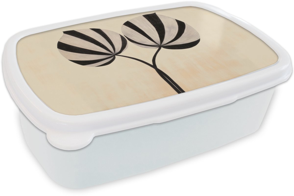 Broodtrommel Wit - Lunchbox Bladeren - Gestreept - Stengel - Beige - Brooddoos 18x12x6 cm - Brood lunch box - Broodtrommels voor kinderen en volwassenen