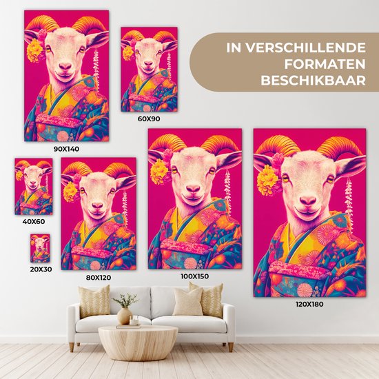 Tableau sur toile 80x120 cm - Décoration murale exclusive Chèvre - Cornes - Kimono - Coloré - Décoration murale salon - Décoration chambre - Accessoires de décoration - Peintures sur toile