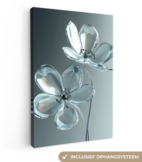 Tableau sur toile représentant deux fleurs en verre, avec le texte 'Système de suspension inclus'.