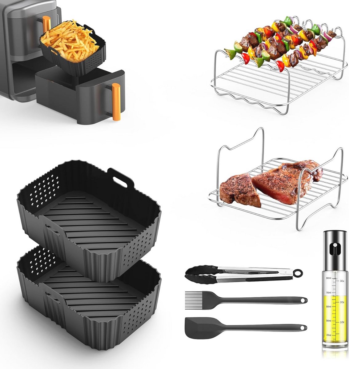 8-delige Air Fryer Accessoires voor Dubbele Luchtfriteuses tot 10,4 L - Siliconen Vormen en Roestvrijstalen Gereedschap