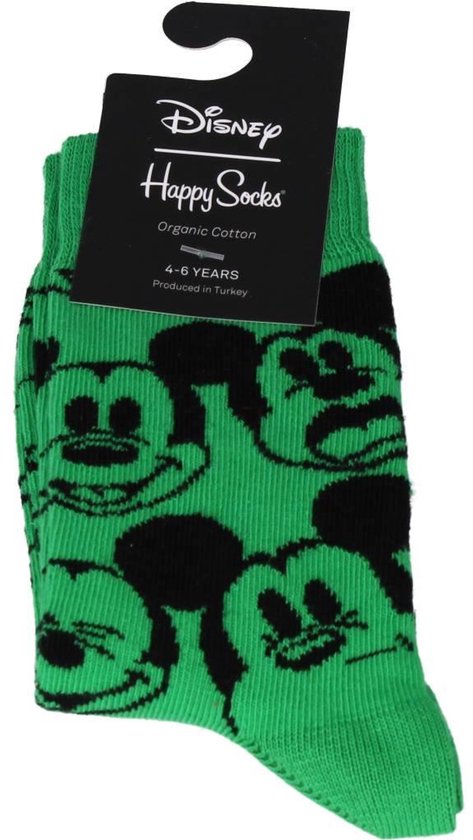 Groene sokken met zwarte Mickey Mouse gezichten en het Happy Socks logo. Geschikt voor 4-6 jaar.