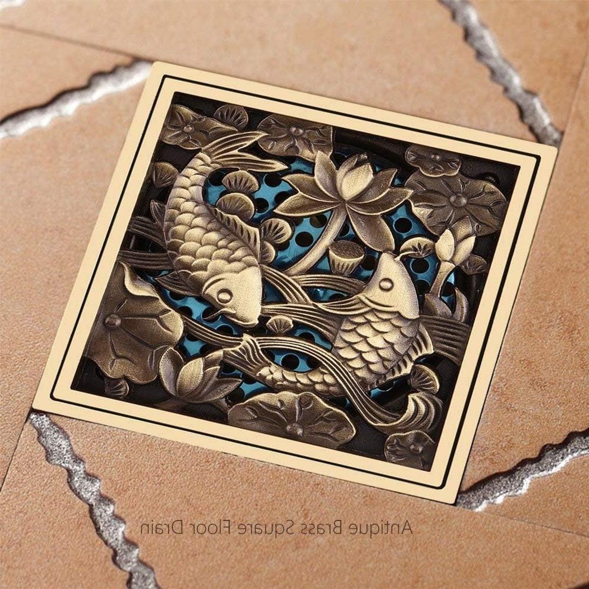 Goedkoopste Antieke 3.94in Douche Afvoerputje Cover Rooster Vierkant Messing Vis Patroon Afval Zeef voor Badkamer