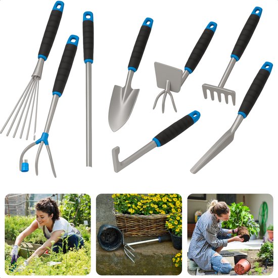 Set Outils de jardin Cheqo® - Ensemble d'outils de jardin - 8 pièces - Set de jardin - Ensemble de Jardin - Métal et plastique - Pelle - Râteau - Masse à jointer - Griffe de jardin