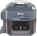 Grijze Ninja Speedi multicooker, zichtbaar van de zijkant en achterkant. Geborsteld metalen voet.