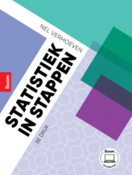 Boek 'Statistiek in stappen' met gekleurde geometrische vormen en tekst 'STATISTIEK IN STAPPEN NEL VERHOEVEN 5E DRUK BOOM'