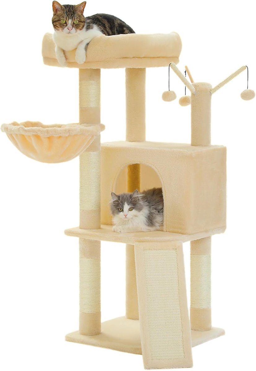Krabpaal, kattentoren met meerdere verdiepingen voor binnenkatten, kattenklimboom met met sisal bedekte krabpalen, diepe hangmat en interactief kattenspeeltje (beige)