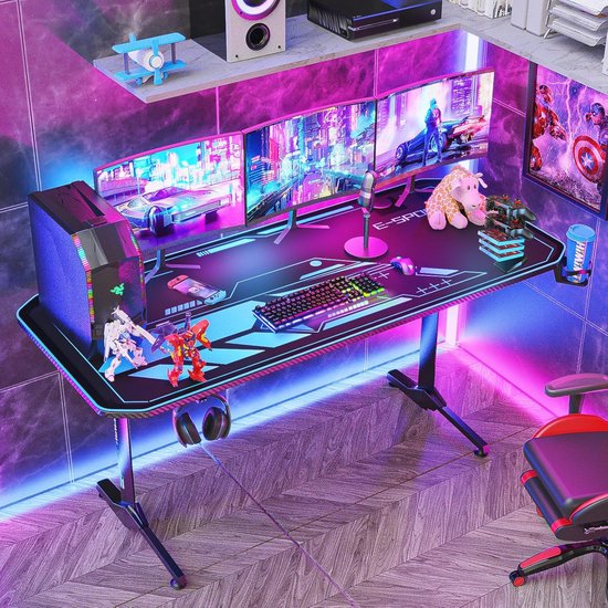 Gaming Bureau 180 x 70cm,Ergonomische Gamingtafel,Gamingbureau incl koolstofvezel tafelblad,Computerbureau met Grote muismat,Computertafel met Kabelmanagement,Bekerhouder Hoofdtelefoonhaak, zwart
