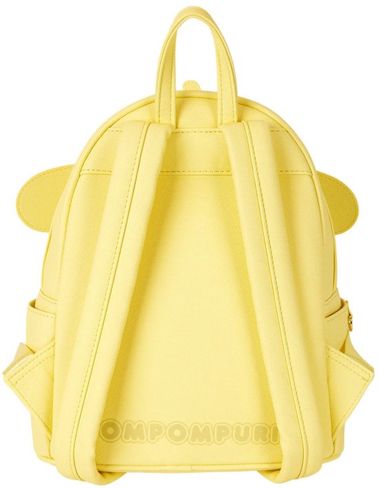 Achterkant van gele mini-rugzak met Pompompurin oren, gouden rits en opdruk "POMPOMPURIN".