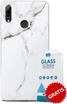 Backcover Marmerlook Hoesje Huawei P Smart (2019) Wit - Gratis Screen Protector - Telefoonhoesje - Smartphonehoesje