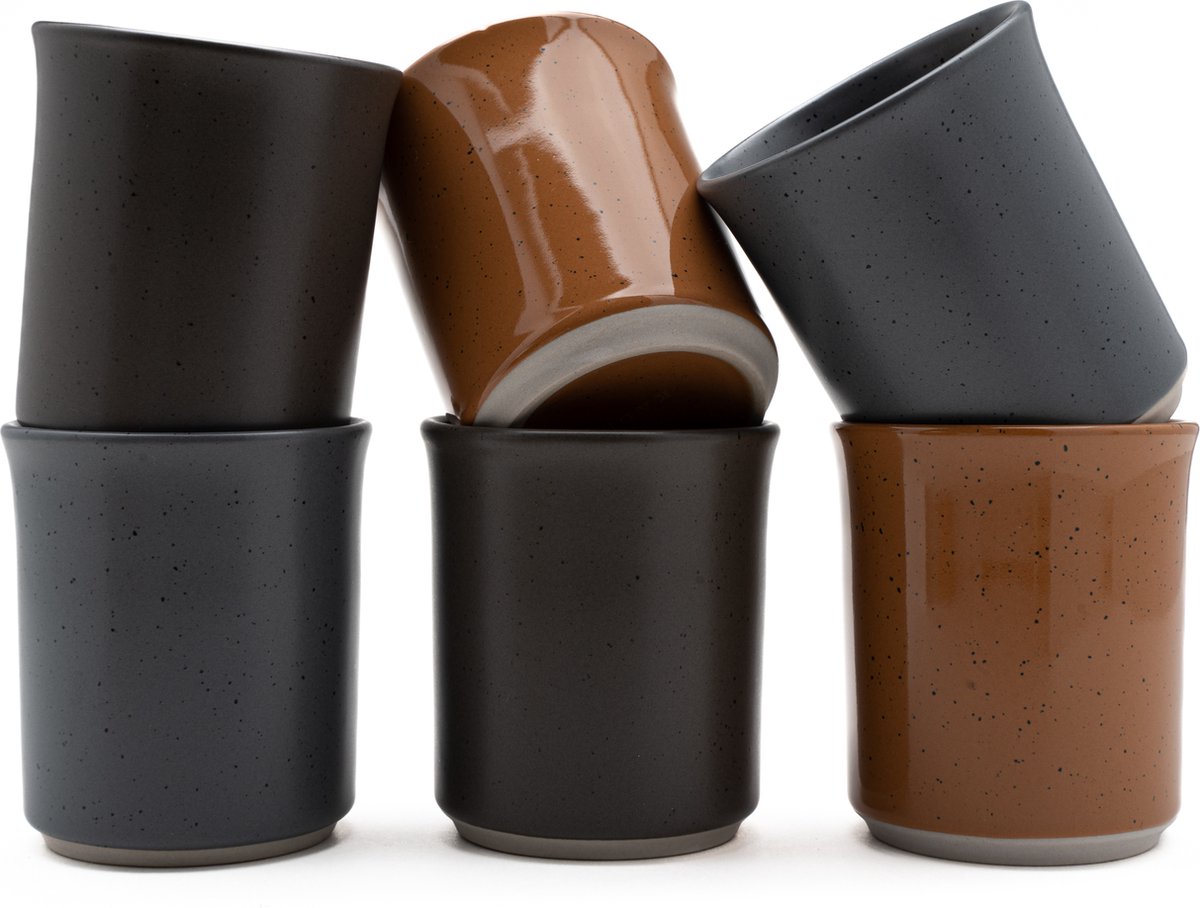 Kade 171 - Koffiekopjes - set van 6 kopjes - 150ML - grijs - zwart - bruin - keramiek - hip en trendy