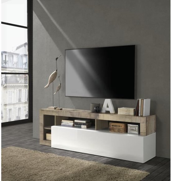 Meuble TV SEFRO - 1 porte & 4 niches - Laqué blanc et chêne | bol
