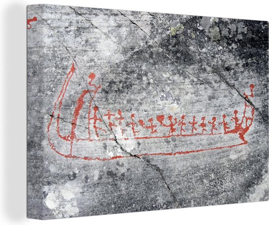 Canvas Schilderij Boot van Vikingen geschreven op een muur - Wanddecoratie