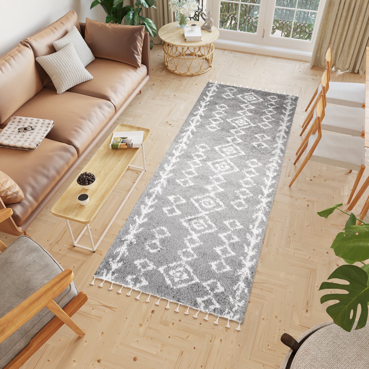 Tapiso Boho Loper Grijs Beige Modern Hoogpolig Kwastjes Woonkamer Vloerkleed Maat- 100x250