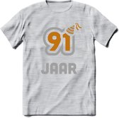 91 Jaar Feest T-Shirt | Goud - Zilver | Grappig Verjaardag Cadeau Shirt | Dames - Heren - Unisex | Tshirt Kleding Kado | - Licht Grijs - Gemaleerd - S