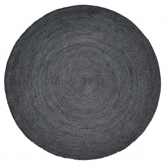 Rond zwart vloerkleed van jute met een spiraalpatroon.