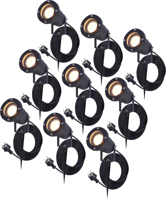 HOFTRONIC™ 9x Sydney Prikspot - GU10 - Plug & Play - Warm wit 2700K - 5 Watt - Voor buiten - Priklamp - Zwart - Grondspies - 1.5 meter netsnoer - Tuin spots, spo