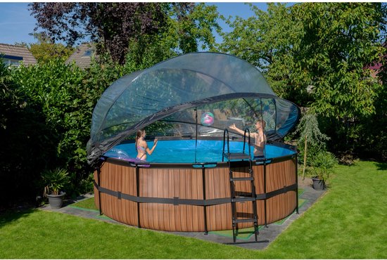 EXIT Wood zwembad ø450x122cm met zandfilterpomp en overkapping - bruin