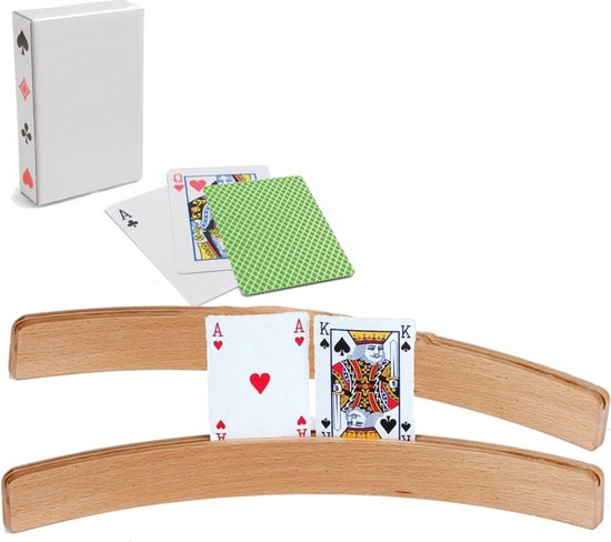 Thumbnail van een extra afbeelding van het spel 6x Speelkaartenhouders / kaartenstandaarden - Inclusief 54 speelkaarten groen - Hout - 3,5 x 8,5 x 46,0 cm - Standaarden
