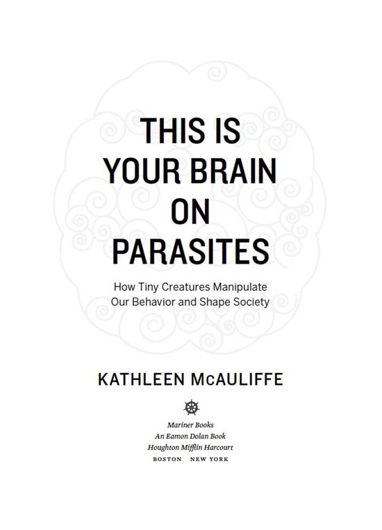 Boekomslag: "This Is Your Brain On Parasites" met subtiele illustratie van wolkjes en tekst.