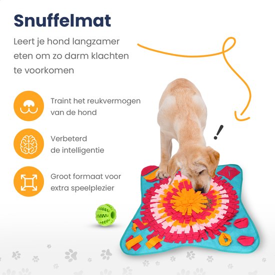 Snuffelmat 70x70cm Inclusief Rubberen Massage Bal & E-book - Speelmat Hond - Denkspel hond - Puppy Speelgoed - Anti Schrok Mat - Honden Snoepjes - Cadeau Tip