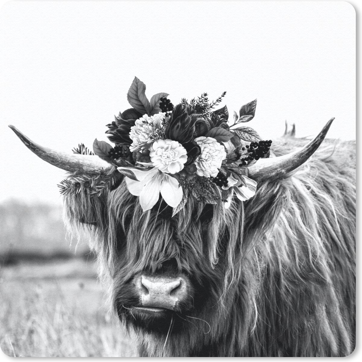 Muismat 30x30 cm - Mousepad Schotse hooglander - Bloemen - Zwart - Wit - Muismatten