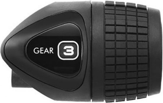 Zwarte draaigreep met "GEAR" en "3" aanduiding, met grip textuur.