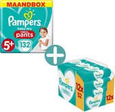 Pampers Baby Dry Pants Maat 5+ - 132 Luierbroekjes Maandbox + Pampers Sensitive Billendoekjes 624