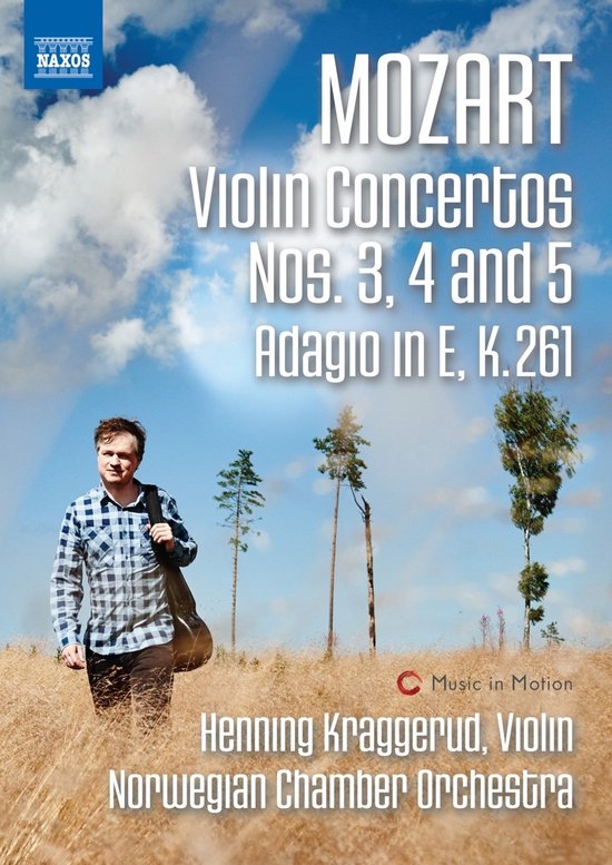 DVD-hoes met Henning Kraggerud, violist, in een geruit overhemd, lopend in een veld. Opschrift: MOZART Violin Concertos Nos. 3, 4 and 5.