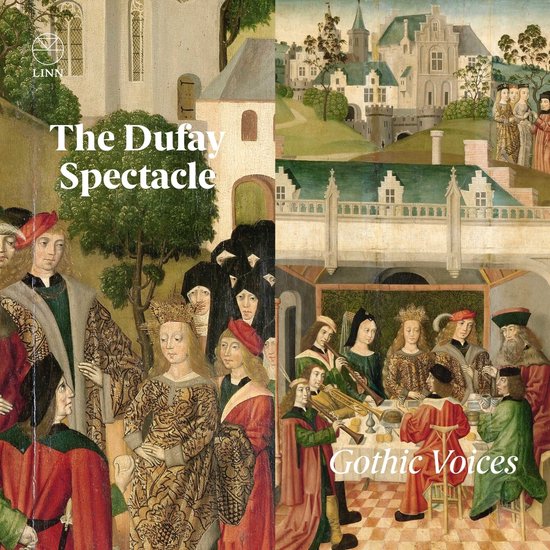 Dubbel portret van middeleeuwse scènes met "The Dufay Spectacle" en "Gothic Voices".