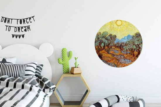 WallCircle - Stickers muraux - Cercle de papier peint - Oliviers avec ciel et soleil jaunes - Peinture de Vincent van Gogh - 50x50 cm - Cercle mural - Autocollant - Autocollant de papier peint rond