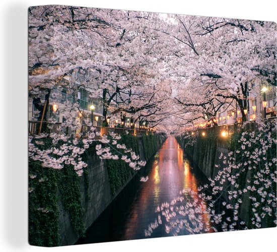 Canvas Schilderij Meguro rivier met Sakura bomen - 40x30 cm - Wanddecoratie