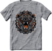 Beer - Dieren Mandala T-Shirt | Oranje | Grappig Verjaardag Zentangle Dierenkop Cadeau Shirt | Dames - Heren - Unisex | Wildlife Tshirt Kleding Kado | - Donker Grijs - Gemaleerd -