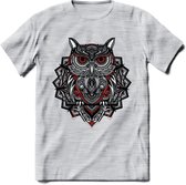 Uil - Dieren Mandala T-Shirt | Rood | Grappig Verjaardag Zentangle Dierenkop Cadeau Shirt | Dames - Heren - Unisex | Wildlife Tshirt Kleding Kado | - Licht Grijs - Gemaleerd - XL