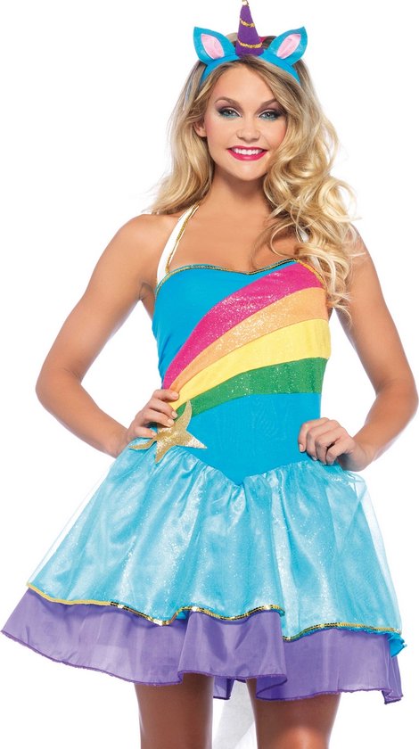 Wonderland - Eenhoorn Kostuum - Wonderland Rainbow Unicorn - Vrouw - Blauw - Medium / Large - Carnavalskleding - Verkleedkleding