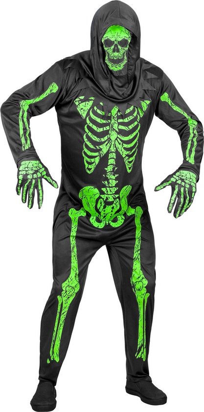 Widmann - Spook & Skelet Kostuum - Gruwelijk Groen Neon Skelet - Man - Groen, Zwart - Medium - Halloween - Verkleedkleding